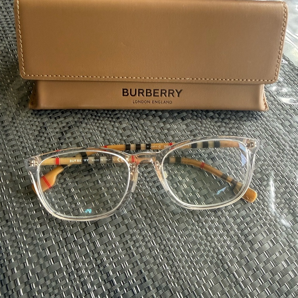 Burberry Clear Frame Glasses with Beige Check Temples and Tan Case